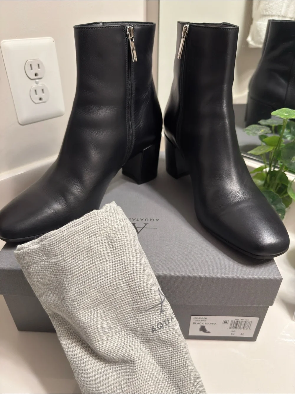 Aquatalia Black Leather Block Heel Ankle Boots